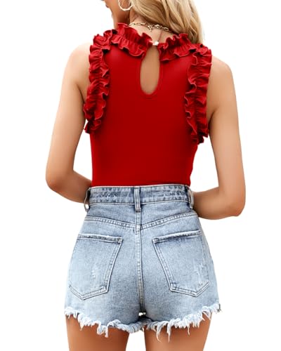 Image of WAYMAKER Women's Sleeveless Racer Back Ruffle Mock Turtle Neck Ribbed Bodysuit Tank Tops