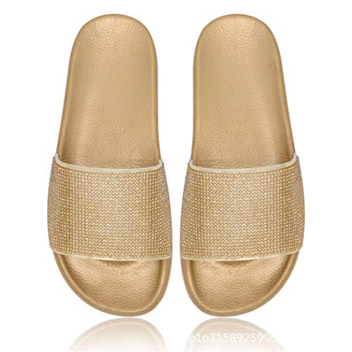 Yikoly Zapatillas de estar por casa para mujer, pantuflas de verano con brillantes brillantes para mujer, chanclas Bling Beuqem con purpurina para interiores y exteriores, dorado, 39 EU