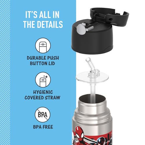 Image of THERMOS FUNTAINER Water Bottle with Straw, 12oz, Spiderman | Kids Stainless Steel Insulated Water Bottle, Keeps Drinks Cold Longer for School & Play, BPA-Free