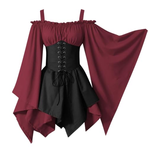 GOSEAGOTOFUN Halloween Dresses for Women Medieval Witch Off Shoulder Dresses Halloween Costumes Lace Up Corset Gothic Outfits 01-Wine Small - image 4