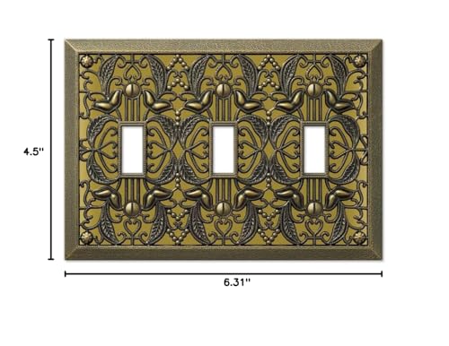 Image of Amerelle Filigree Triple Toggle Cast Metal Wallplate in Antique Brass