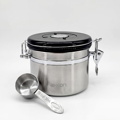 AXEON Airtight Stainless Steel Coffee Canister with Scoop Spoon – 800 ml | Coffee Bean Storage Container for Loose Leaf Tea, Coffee Beans | Storage Container with Exhaust Valve & Date Tracker