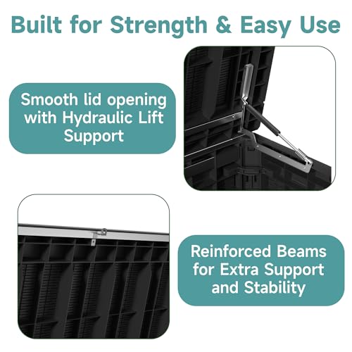 Image of 260 Gallon Waterproof Outdoor Storage Box, UV Resistant Resin Deck Box with Hydraulic Rod for Reinforced Stability, Perfect for Patio, Garden, and Pool, Striped Black
