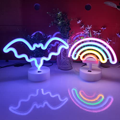 Image of JYWJ Neon Signs with Holder Base,USB or 3-AA Battery Powered Neon Light,LED Table Decoration,Bedroom Wall Decoration,Birthday Gift,Wedding Supplies Business Gift(Rainbow)