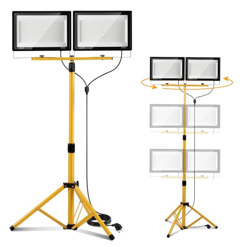 Peviasot Baustrahler LED mit Stativ, 2x200W 16000LM Drehbar Bauscheinwerfer 6500K Kaltweiß, Höhenverstellbar Stativ und 3m Kabel Stecker, IP66 Wasserdicht für Garage Werkstatt Baustelle