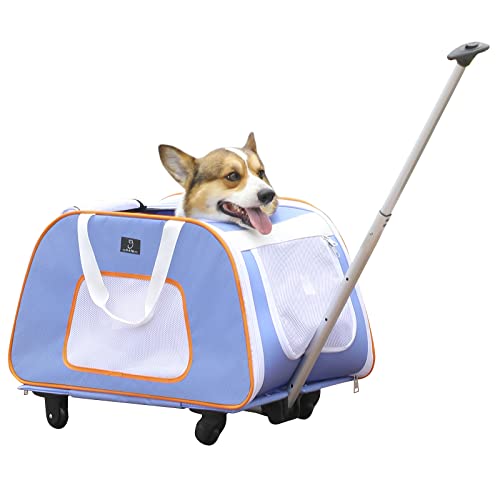 A4 Pet Pet Carrier With Wheels,Foldable Dog Carrier For Medium Dogs Up To 33 Lbs With Removable Base,Extendable Handle & 4-Wheels Design,Mesh Ventilation Windows And Safety Rope, Blue #TOP20
