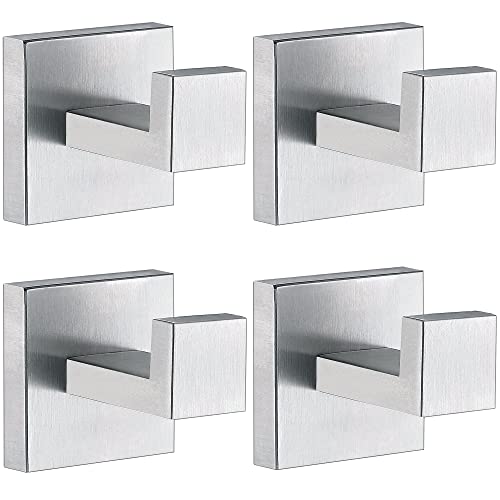 Towel Hooks for Bathrooms, Brushed Nickel Towel Hook for Kitchen Bathroom, SUS304 Stainless Steel Coat Hook, Square Heavy Duty Holder Robe Hooks for Hanging Towels, Coats, sponges, Wall Mount, 4 Pack
