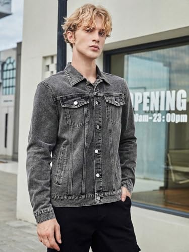 Image of Stylish Men's Acid Wash Denim Jacket, Classic Button Front Design, Grey, Casual Streetwear