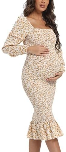Spring Long Puff Sleeve Maternity Dress Floral Ruffle Hem Mermaid Baby Shower/Photoshoot Dress