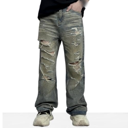 Men's Washed Ripped Straight Leg Denim Pants Retro Distressed Loose Jeans with Pockets2