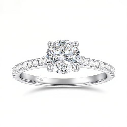 14K Gold Moissanite Rings 4-Prong 1.0CT Round Cut Engagement Ring 14K Whtie Gold Moissanite Engagement Rings for Women