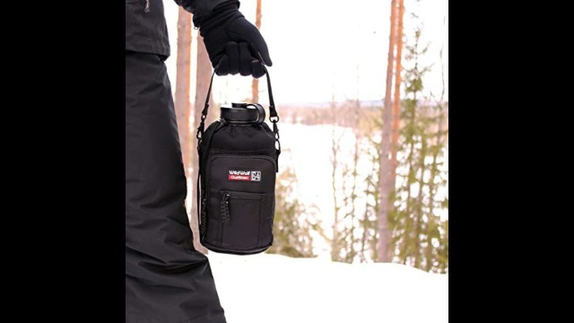 Wild Wolf Outfitters Water Bottle Carrier Holder with Adjustable Strap and 2 Pockets for Hands-Free Walking and Hiking | Black, 1.9 L