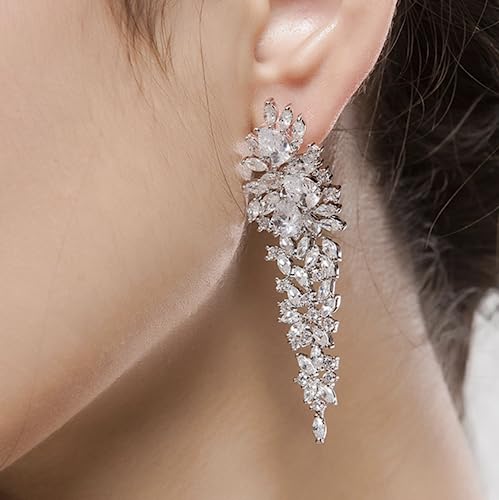 White Gold Plated AAAAA Australia Crystal Wedding Bridal Bridesmaid Clear Teardrop Cubic Zirconia Chandelier Stud Dangle Earrings for Women & Teen Girls2