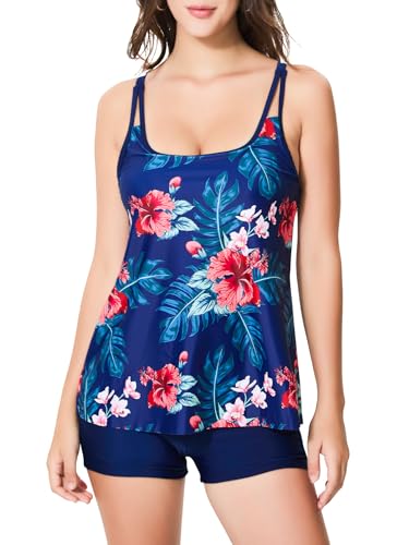 Women's Tankini Swimsuit Floral Print Two Piece Swimwear Tummy Control Flowy Bathing Suits Swimming Top with Shorts