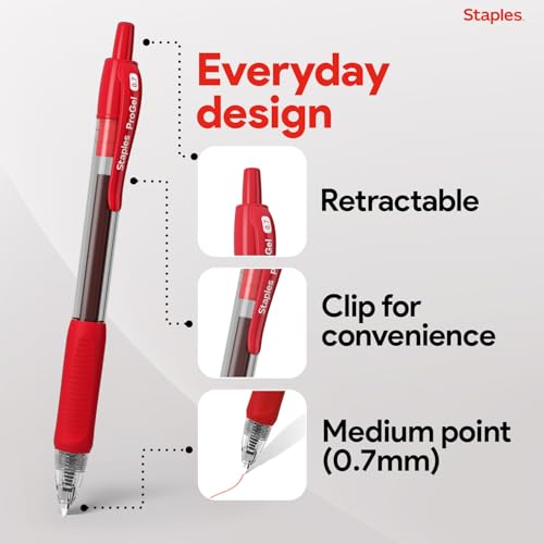 Image of STAPLES Retractable Gel Pens, Fine Point, Red Ink, 12 Pack - Smooth Writing, Quick‑Dry Pens for Notes, Editing & Office Use