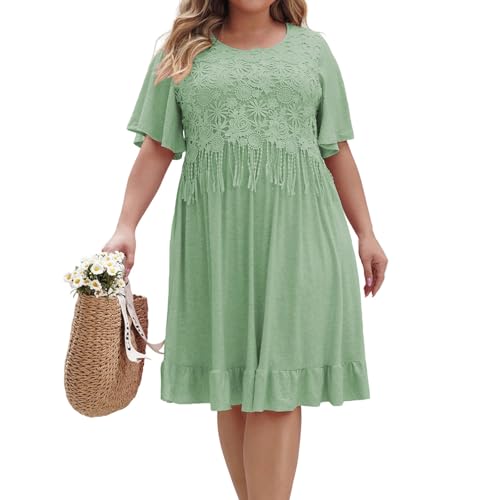 Sommerkleid Damen Knielang Elegant Kleid Damen Sommer Midi A Linie Midikleid Große Größen Kleider Rüschen Quasten Sommerkleider Leicht Und Luftig Damenkleider Kurzarm A Linie Midikleider