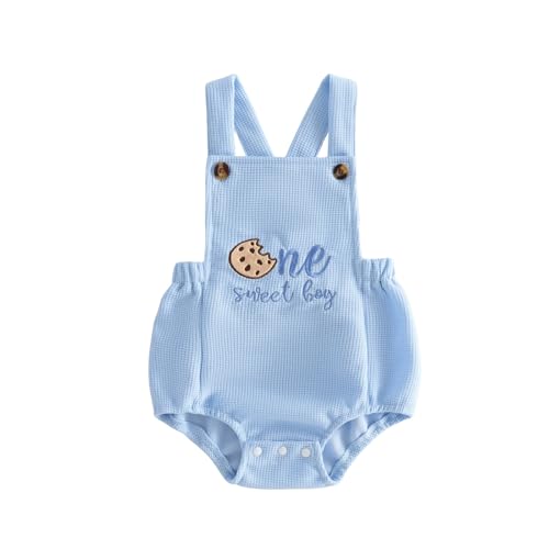 Bagilaanoe First Birthday Outfit Baby Boy Cookie One Sweet Boy Sleeveless Romper Jumpsuit Waffle Cake Smash Clothes (Blue 6-12 Months)