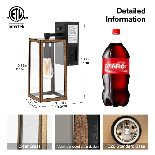 Lintem Porch Lights With Gfci Outlet, Industrial Outdoor Wall Mount Light Fixture Exterior With Rustic Wood Finish Dusk To Dawn Waterproof Wall Lantern For House Garage Doorway, Bulb Not Included #TOP5