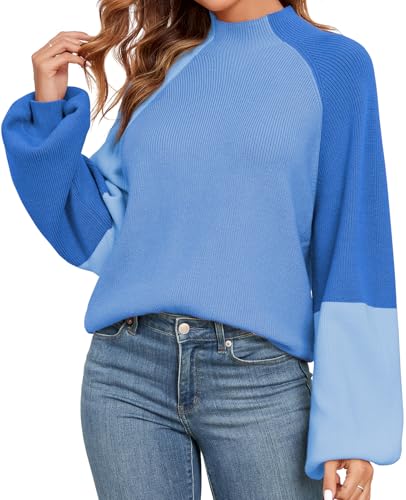 Image of Upopby Women's Fall Winter Color Block Sweaters for Women Trendy Turtleneck Lantern Sleeve Knitted Sweater Jumper Tops