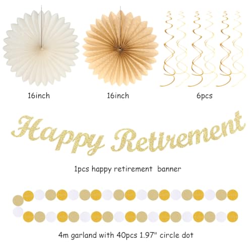 Image of Beige-Gold Happy Retirement Party Decorations Banner Women Men Huglony | 21pcs Retiree Farewell Banner,Streamers,Paper Lanterns,Pom Poms Fans,Work Teacher Retirement Supplies Backdrop Favors