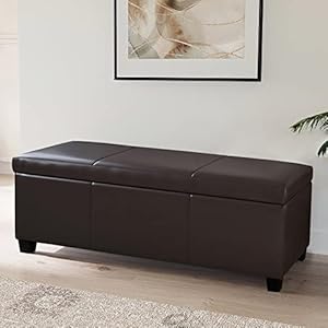 BELLEZE 47 Inch Storage Ottoman Faux Leather Storage Bench Bedroom Bench with Safety Close Hinge Ottoman with Storage for Living Room Entryway Hallway Foot Rest Support 300lbs Brown