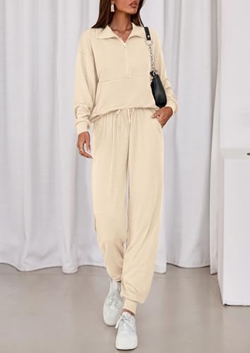 Image of PRETTYGARDEN Women 2 Piece Ribbed Knit Matching Lounge Sets | Comfy Sweat Track Suits, Athleisure Casual Outfit, Half Zip Sweatshirt & Jogger Pants, Fall Winter Clothes for Airport Travel