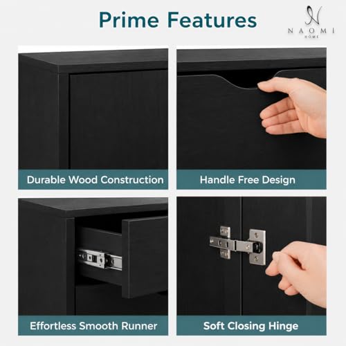 Image of Naomi Home Rolling Storage Cabinet with 5 Drawers & Side Cabinet, Engineered Wood Organizer with Shelves, Handle-Free Design & Swivel Casters for Home Office, Kids Room & Entryway - Black