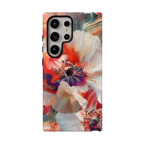 Coque Samsung S24 Ultra rigide brillante motif floral abstrait rouge et blanc