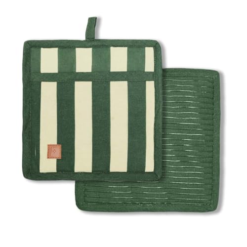 Folkulture Pot Holders for Kitchen | Pack of 2 (8x8) Ribbed Soft Silicone Hot Pads for Kitchen | 100% Cotton Cute Oven Pot Holders Set | Heat Resistant | Machine Washable | Non Slip | Matcha