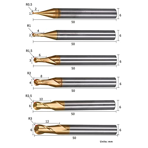 Image of 6Pcs Carbide Ball Nose End Mills Set R Angle 2 Flute Tungsten Steel Spiral Milling Cutter CNC Router Bits Tool HRC60