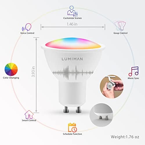 GU10 Smart Bulb, Alexa Spotlight Bulbs, Colour Changing LED Lights, Dimmable and Tunable, RGBCW, 5W=30W, 400LM, Works with Alexa and Google Assistant, WiFi APP Control by Smartphone