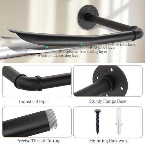 Yawinhe Industrierohr Kleiderstangen,180cm Kleiderbügel für die Wand, Platzsparenders Wandregal Küchenregal mit 3 Basen, für Geschäft, Schwarz, 1-Pack, YMG004