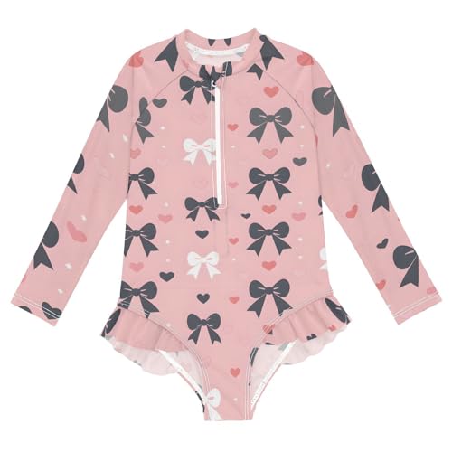Girls One Piece Swimsuits Long Sleeve Swimsuit Zipper Bathing Suits Black Bow Pink Heart