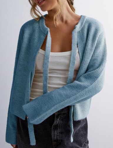 Image of Womens Cropped Ribbed Knit Cardigan Long Sleeve Bow Tie Front Open Front Knitwear Tops