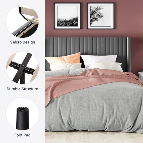 image for Allewie King Size Velvet Bed Frame/Vertical Channel Tufted Wingback He