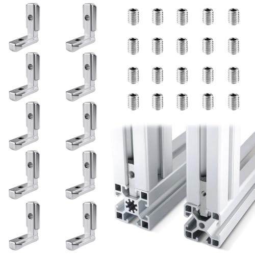 10 Piezas Soporte de ángulo de Perfil, ángulo Interior de Ranura en T, 90° en Forma de L con 20 Tornillos, Ranura 8 M6 T, Conector de Perfil de Aluminio Ranura 8mm, para Perfil de Aluminio Serie 30