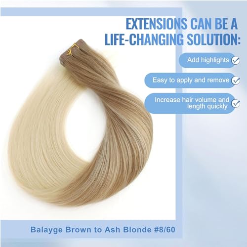 Image of Sixstarhair Invisible Tape In Hair Extensions Real Human Hair Balayage Blonde with Light Chestnut Brown Fading to Platinum Blonde Hair Extensions 20 Pcs 50g [Color #B8-60 18 inch]