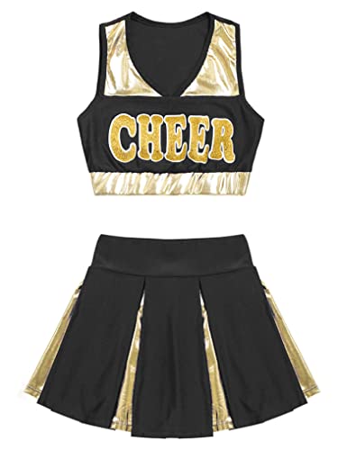 Oyolan Kid Girls Cheer Uniform Outfit Sleeveless V Neckline School Cheerleading Camp Cosplay Halloween Costume Black D 10 Years #TOP5