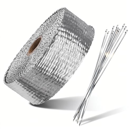 Craedli 2" x 16 Ft Car Exhaust Heat Wrap Roll, Motorcycle Fiberglass Exhaust Tube Heat Shield Tape with 10 Stainless Ties, Universal Exhausts Manifold Accessories for Car, SUV, Motorcycle (Silver)