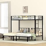 Flieks Metal Triple Bunk Bed for 3, Twin Over Twin & Twin Size Bunk Bed with Ladder & Safety Guardra