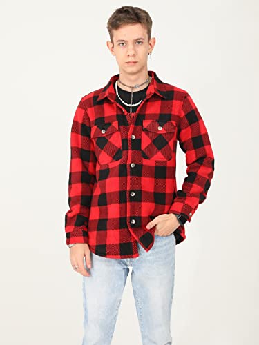 Image of ThCreasa Boys Sherpa Lined Plaid Button Shirt Jacket | Full Thermal Lining, Buffalo Plaid Shacket, Button Down, Family Matching Shirt, Dress Shirt Style, Cozy Winter Fall Outerwear