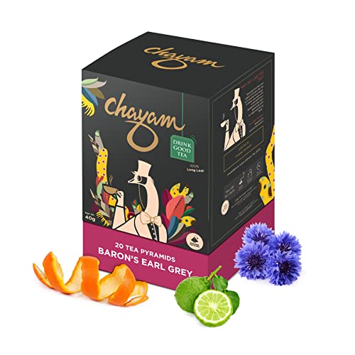 Image of CHAYAM Baron's Earl Grey - 20 Pyramid Tea Bags | Black Tea with Natural Bergamot Oil & Blue Cornflower | Aromatic & Energising Classic Blend | No Added Flavour or Preservatives | Make Hot or Iced Tea