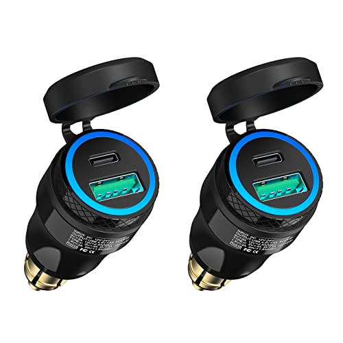 Image of [2 Pack] Din Hella to USB - Qidoe MINI Waterproof Aluminum Din Plug Motorcycle Power Adapter 30W USB C PD3.0 Din USB 18W QC3.0 Quick Charge Blue LED Ring 12V /24V Ducati Triumph Motorcycle Accessories