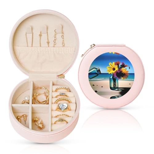 Vase en verre avec fleurs - Boîte à bijoux de voyage - Pour femme - Pour collier, boucles d'oreilles, bagues et accessoires - Rond - Rose