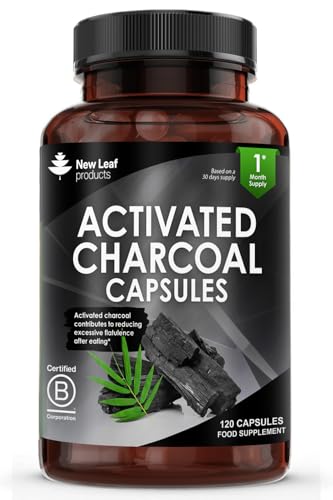 Activated Charcoal Capsules - 120 High Strength Activated Charcoal Tablets Alternative - 1040mg Per Serving, Helps Reduce Excessive Flatulence After Eating - Made in UK by New Leaf