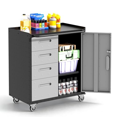 VIYET Garage Cabinets,Metal Garage Storage Cabinet with Wheels,Lockable Rolling Tool Cabinet with Drawer and Adjustable Shelves,Heavy Duty Tool Chest for Home Office Utility Room,Black/Grey