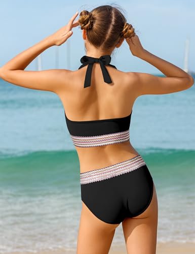 Girls Swimsuits Two Piece Bikini Set Criss Cross Halterneck Woven Contrast Trim Bathing Suits for 9-16Y4