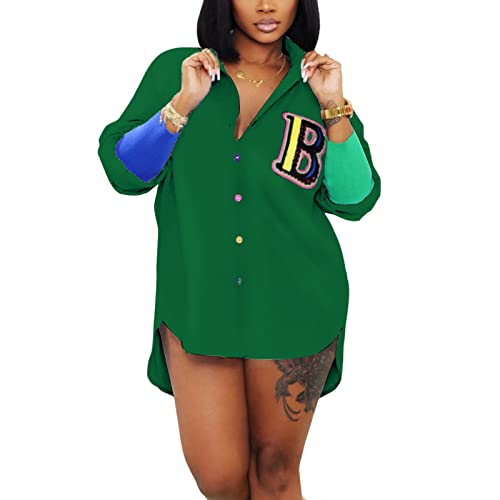 kaimimei Shirt Dress for Women Sexy-Color Block Letter Embroidery Button Down Long Sleeve Ribbed Cuff Club Blouse Mini Dress2