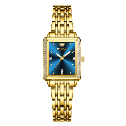 OLEVS Women's Gold Stainless Steel Watch, Small Square Face Diamond Decorated Ladies Watch, Luxury Analog Quartz Women Dress Watch, Fashion Calendar Date Waterproof Wrist Watch for Women
