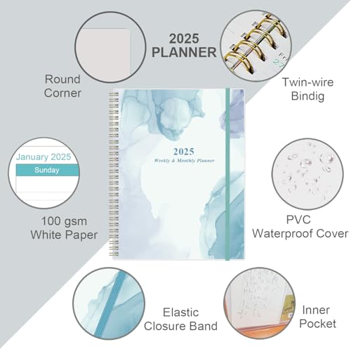 2025 Planner - 2025 Weekly & Monthly Planner to Achieve Goals & Increase Productivity, January 2025 - December 2025, 8.5" x 11", Blue Watercolor